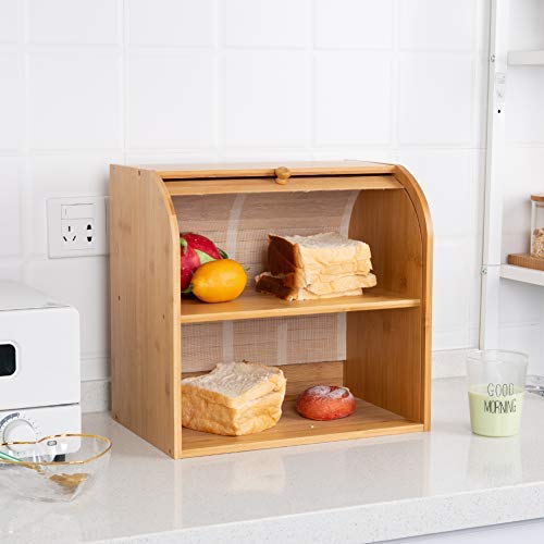 Roll Top Bread Boxes Bamboo Storage Bin Kitchen Large Capacity Bread Keeper Fully Assembled (2- Layer)