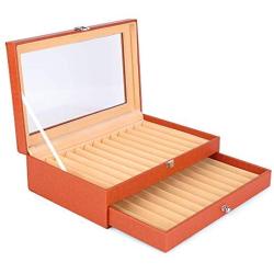 Pen Display Boxes 24 Piece Black Leather Flannel Pen Organizer Box,Glass Pen Display Case Storage Boxes with Lid,Top Glass Window Two Level Display Case with Drawer Pen Collection Display Case (Orange)