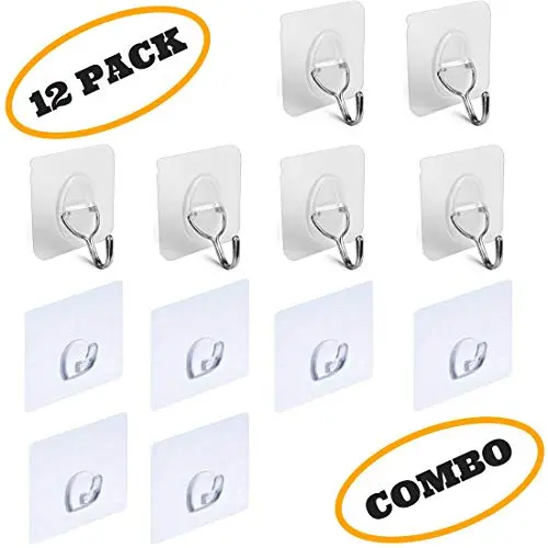 Adhesive Reusable Wall Hooks Heavy Duty 9 Pounds - Clear Transparent Damage Free, Removable - Stick on Ceiling Hanger for Kitchen, Bedroom, Bathroom, Shower Hanging Coat Towel Picture - 12 Pack (12) Adhesive Reusable Wall Hooks Heavy Duty 9 Pounds - Clear Transparent Damage Free, Removable - Stick on Ceiling Hanger for Kitchen, Bedroom, Bathroom, Shower Hanging Coat Towel Picture - 12 Pack (12)