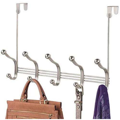 mDesign Decorative Over Door 10 Hook Metal Storage Organizer Rack for Coats, Hoodies, Hats, Scarves, Purses, Leashes, Bath Towels, Robes, Men and Womens Clothing - Brushed Nickel