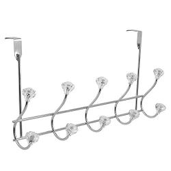 Home Basics 5 Hook Over the Door Hanging Rack with Crystal Knobs, Multipurpose for Hanging Clothes, Coats, Towels Robes, Chrome