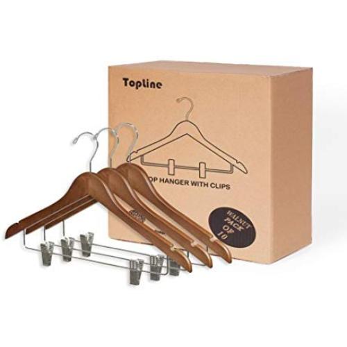 Topline Classic Wood Shirt Hangers with Clips - Walnut Finish (10-Pack)