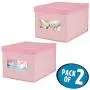 mDesign Decorative Soft Stackable Fabric Closet Storage Organizer Holder Boxes - Clear Window, Attached Lid, for Child/Kids Room, Nursery - Large, Collapsible Foldable - Herringbone Print, 2 Pack - Pink