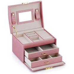 RR ROUND RICH DESIGN Jewelry Boxes - Multifunctional Portable Travel Jewelry Storage Case with 2 Drawers Top Mirror and Metal Lock - Pink