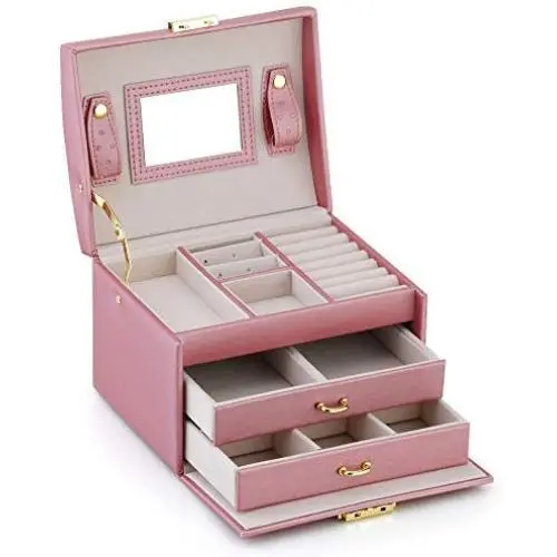 RR ROUND RICH DESIGN Jewelry Boxes - Multifunctional Portable Travel Jewelry Storage Case with 2 Drawers Top Mirror and Metal Lock - Pink