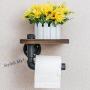 Industrial Toilet Paper Holder with Wooden Shelf Metal Wall Storage Iron Pipe Missingift Tissue Roll Hanger (Single Faced)