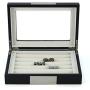 Black Ebony Wood Cufflink Case & Ring Storage Organizer with Stainless Steel Engravable Design Accent Mens Jewelry Boxes for 20 Cufflinks