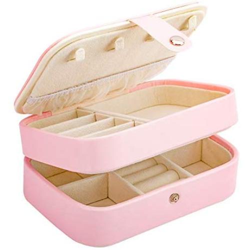 Jewelry Box,BS Faux Leather Jewelry Case Display Case 2 Layers with Mirror for Rings,Earrings,Necklace,Bracelets Organizer Jewelry Storage Boxes (Pink)