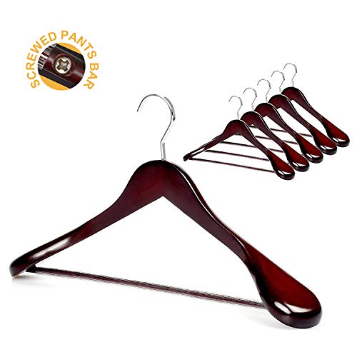 TOPIA HANGER Set of 6 Luxury Mahogany Wooden Coat Hangers, Premium Wood Suit Hangers, Glossy Finish with Extra-Wide Shoulder, Thicker Chrome Hooks & Anti-Slip Bar CT02M