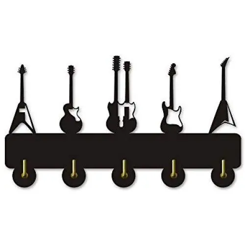 Guitars Key Hook Wall Door Clothes Coat Hat Hanger Key Holder with 5 Hooks Strong Adhesive Sticker Wood Hooks, Music Instrument Household Décor Hooks Music Lover Gift (M3)