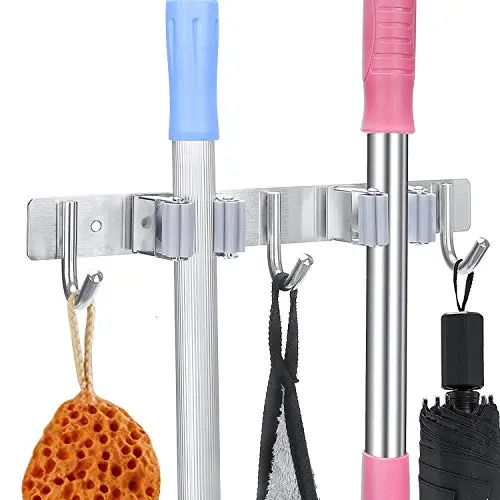 POPRUN Mop and Broom Holder Wall Mounted Tool Storage Organizer Stainless Steel Organization Hanger for Kitchen,Bathroom,Garden,Garage,Office(2 Racks 3 Hooks)
