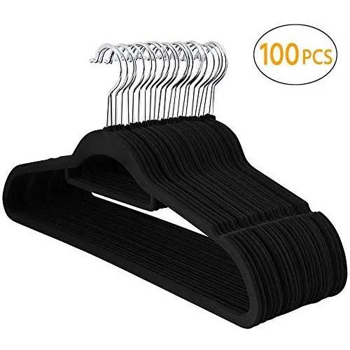 Yaheetech Premium Velvet Flocked Hangers 100 Pack Non Slip Black Clothes Suit Hangers Hook Swivel 360 Ultra Thin