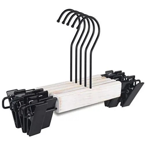 JUMERY-Heavy Duty Clothing Hangers, Multifunctional Classic 5pcs Wooden Skirt Pants Hangers with Adjustable Clips, Sturdy and Durable Suit Pants Clothes Hangers