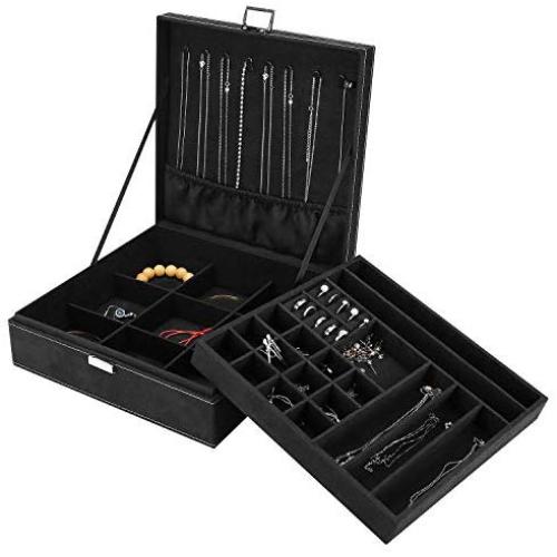 Procase Jewelry Boxes Organizer for Women Girls, Two Layer Jewelry Display Storage Holder Case for Necklace Earrings Bracelets Rings Watches -Black