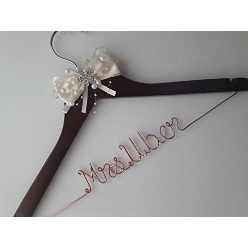 Wedding Hanger, One Line Personalized wedding hanger, Brides Hanger, Personalized Bridal Gift, Wedding Dress Hanger, Bridesmaid, With Ivory Bow, Rhinestone, Pearls, Rose Gold.