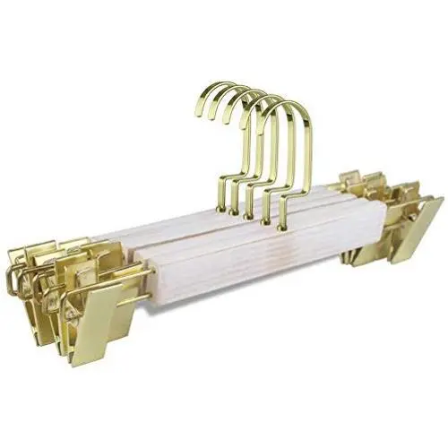 JUMERY-Heavy Duty Clothing Hangers, Multifunctional Classic 5pcs Wooden Skirt Pants Hangers with Adjustable Clips, Sturdy and Durable Suit Pants Clothes Hangers