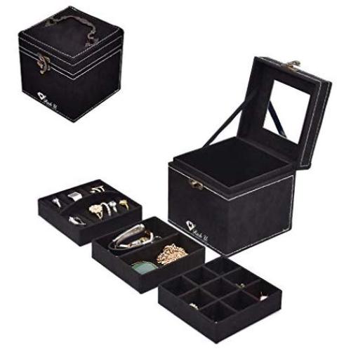 Rich U Black Lint Jewelry Storage Boxes Organizer Case with Lock Mirror for Rings Earrings Necklace