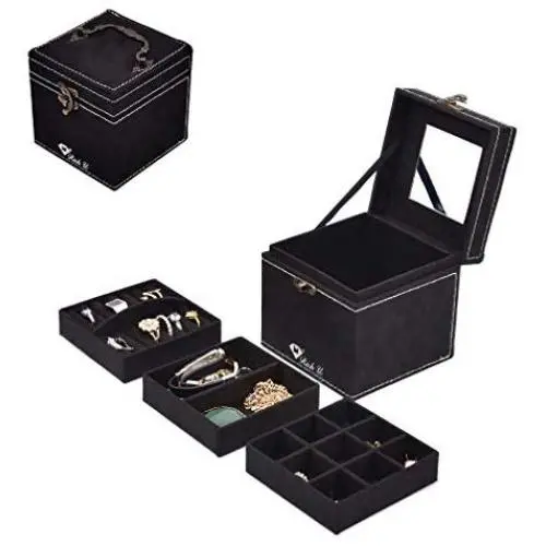 Rich U Black Lint Jewelry Storage Boxes Organizer Case with Lock Mirror for Rings Earrings Necklace Rich U Black Lint Jewelry Storage Boxes Organizer Case with Lock Mirror for Rings Earrings Necklace