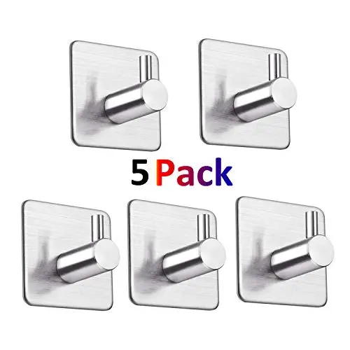 LOOGI Adhesive Hooks 3M Towel Hooks Wall Door Hanger Heavy Duty Stainless Steel for Bathroom Kitchen Home - 5 Packs