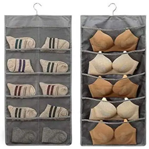 Closet Hanging Organizer with Mesh Pockets, Dual Sided Wall Shelf Wardrobe Organizers, Space Saver Storage Bags Oxford Cloth with Metal Hanger for Bra Underwear Underpants Socks (Blue, 10+5)