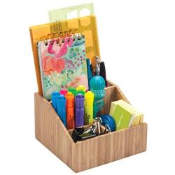 Multi-Use Bamboo Office Product Organizer Compact for Desktop, Holds Notepads, Pens, Pencils, Business Cards, Paper Clips, Stationery Supplies & More