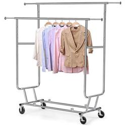 GJH One Garment Rack Commercial Grade Clothes Hanger Rack Collapsible Rolling Double Rail