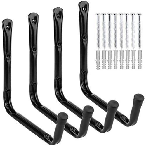 Heavy Duty Giant Garage Storage Hook Wall Mounted Utility Hanging Rack for Surfboard,Ladder,Kayak (4 Pcs Black 10" J Hook)