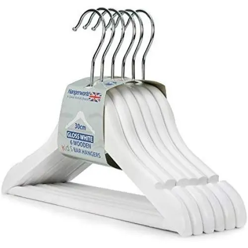 HANGERWORLD 6 White Wooden 11.8inch Kids Notched Coat Clothes Garment Hangers Non Slip Pants Bar HANGERWORLD 6 White Wooden 11.8inch Kids Notched Coat Clothes Garment Hangers Non Slip Pants Bar