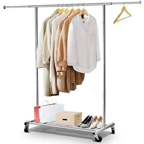 Simple Trending Clothing Garment Rack with Wheels and Bottom Shelves, Extendable, Capacity 150 lbs, Chrome