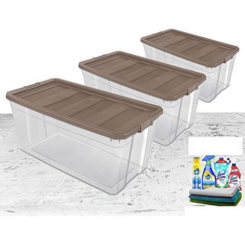 3-Pack 200 Quart /189 Liter Taupe Splash Stacker Boxes Bundled with Free Microfiber Cleaning Cloth and Multi Surface Cleaner