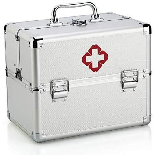 Medicine Chest - Lockable Empty First Aid Case with Folding Tray Storage Boxes Applicable to Family Public and Wild Field Silver (M)