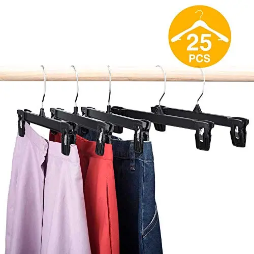 HOUSE DAY Skirt Hangers 25 Pcs 10inch Black Plastic Pants Hangers with Non-Slip Big Clips and 360 Swivel Hook, Durable Sturdy Plastic, Space-Saving Shape, Elegant for Closet Organizing HOUSE DAY Skirt Hangers 25 Pcs 10inch Black Plastic Pants Hangers with Non-Slip Big Clips and 360 Swivel Hook, Durable Sturdy Plastic, Space-Saving Shape, Elegant for Closet Organizing