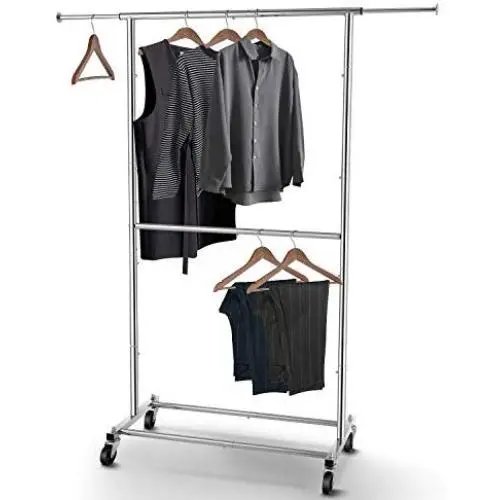 Simple Trending Double Rod Clothing Garment Rack, Rolling Clothes Organizer on Wheels for Hanging Clothes, Chrome