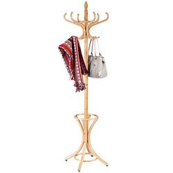 Free Standing Clothes Hangers 12 Hook Hat Coat Jacket Bag Rack with Umbrella Stand Wood Oak Wood