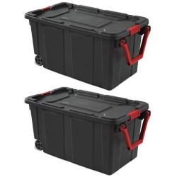 Set of 2 Rolling Storage Bins with Handles, Portable Containers with Latching Lid, Heavy Duty Durable Organizers for Garage, Workshop, Laundry Easy Mobility 40 Gallon Boxes