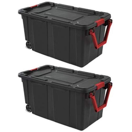 Set of 2 Rolling Storage Bins with Handles, Portable Containers with Latching Lid, Heavy Duty Durable Organizers for Garage, Workshop, Laundry Easy Mobility 40 Gallon Boxes