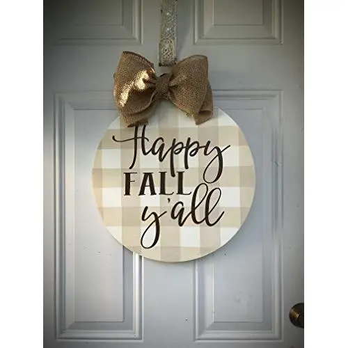 Happy Fall Yall Round Farmhouse plaid fall wreath thanksgiving door hanger