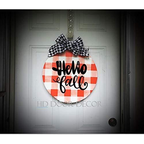 Round Farmhouse plaid wreath Hello Fall door hanger