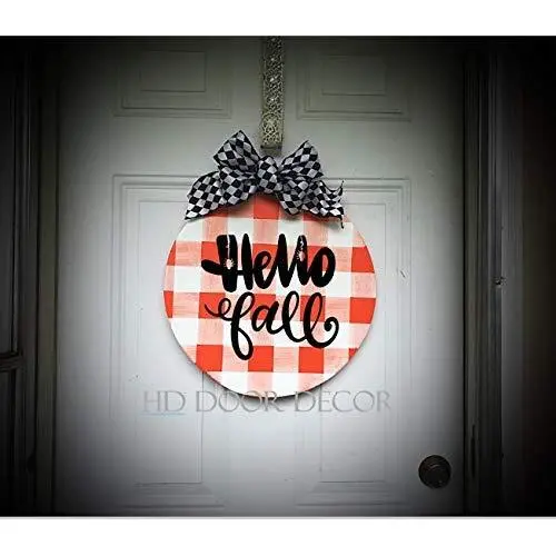 Round Farmhouse plaid wreath Hello Fall door hanger Round Farmhouse plaid wreath Hello Fall door hanger