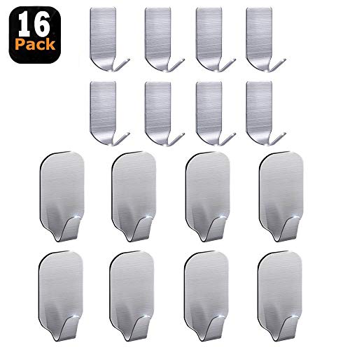 Adhesive Hooks, Wall Hooks Hangers Heavy Duty Waterproof Stainless Steel Sticky Hanger Hook for Kitchen Utensils, Keys, Robe, Coat, Towel, Bags-Bathroom, Home, Kitchen, Office (Pack of 16)