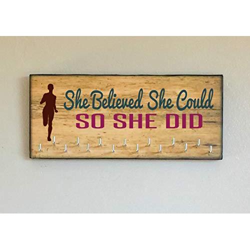 Race Medal Holder/Running Medal Hanger - SHE BELIEVED SHE COULD SO SHE DID. Wood Wall Mounted Medal Organizer. CUSTOMIZATION Available