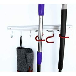 Mop Broom Holder wall mount QBOSO Stainless Steel S Type Broom Hanger Storage Organizer Storage Holds Up 17 Inches Over 50 pounds (3 Positions, 3hooks) Wall Mounted Storage Rack Storage