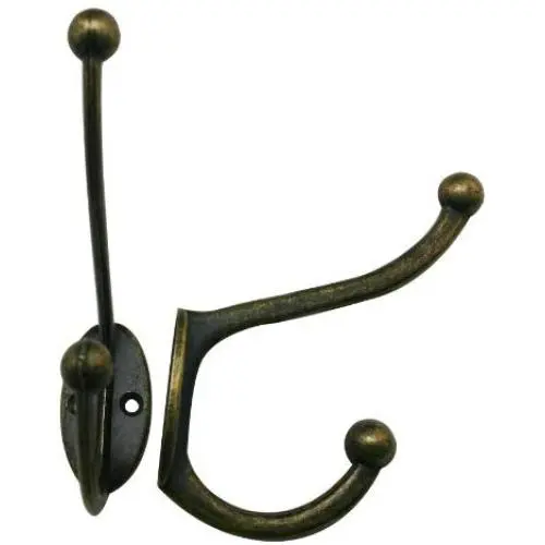 Amanaote Metal Antique Brass Double Hook Hat And Robe Coat Hanger Clothes Hook With Screws(Pack Of 5)