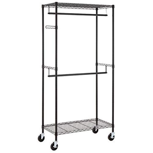 Finnhomy Heavy Duty Rolling Garment Rack Clothes Rack with Double Hanger Rods and Shelves, Portable Closet Organizer with Wheels, 1″ Diameter Thicken Steel Tube Hold Up to 300Lbs, Black