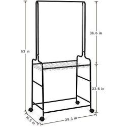 Terby Garment Clothes Pant Rack Jeans Trouser Rolling Trolley-Closet Organizer, Wardrobe Storage with Lockable Wheels and 12 Hangers, Hanging Rod, Black