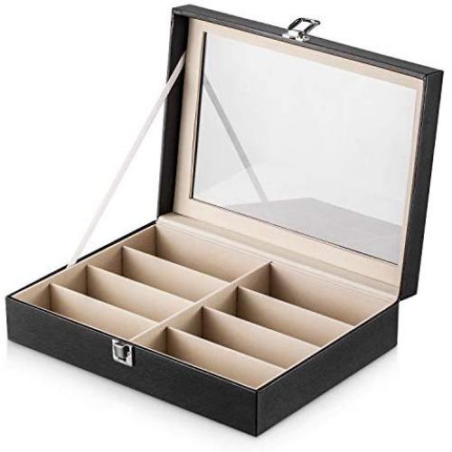 Plxixi Leather Sunglasses Organizer Box, Eyeglasses Display Case,Eyewear Jewelry Collection Case,Glasses Storage Holder Boxes with Glass Lid 8 Slots 13.2" L x 9.6" W x 3.3" H (Black, 8 Slot)