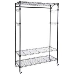 Homdox 3-Tiers Big Size Heavy Duty Wire Shelving Unit Garment Rack with Hanger Bar Wheels+2 Pair Side Hooks,Black