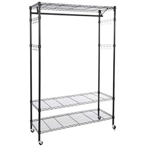 Homdox 3-Tiers Big Size Heavy Duty Wire Shelving Unit Garment Rack with Hanger Bar Wheels+2 Pair Side Hooks,Black