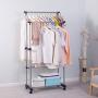 PKWEHKG Furniture Living Room Double Pole Rolling Adjustable Garment Coat Rack Dress Hanger Clothes Rack with Movable Wheels