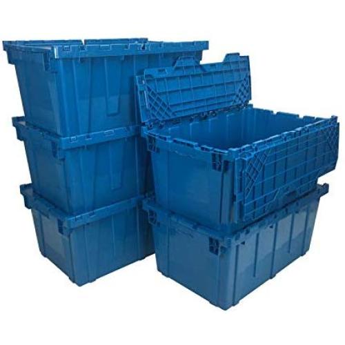 uBoxes, Storage and Packing Plastic Tote Crate Attached Lid Flip Top, 27-Inch x 17-Inch x 12-Inch, (Blue, 5-Pack)